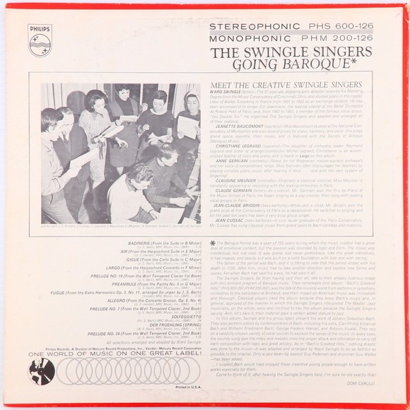 The Swingle Singers – Going Baroque - 1964 12" Vinyl LP Record PHS 600-126 - Picture 2 of 12